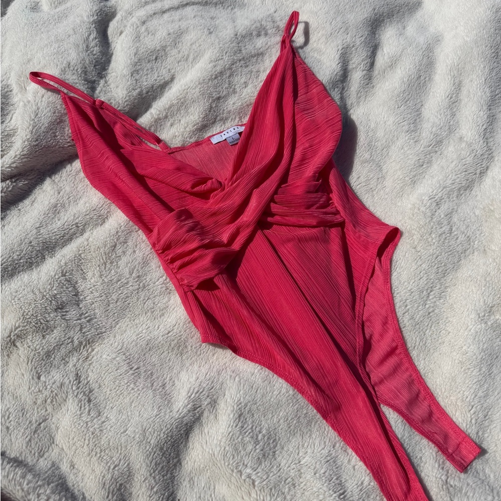 FAVLUX Hot Pink Textured One-Piece Bodysuit with Twist Front